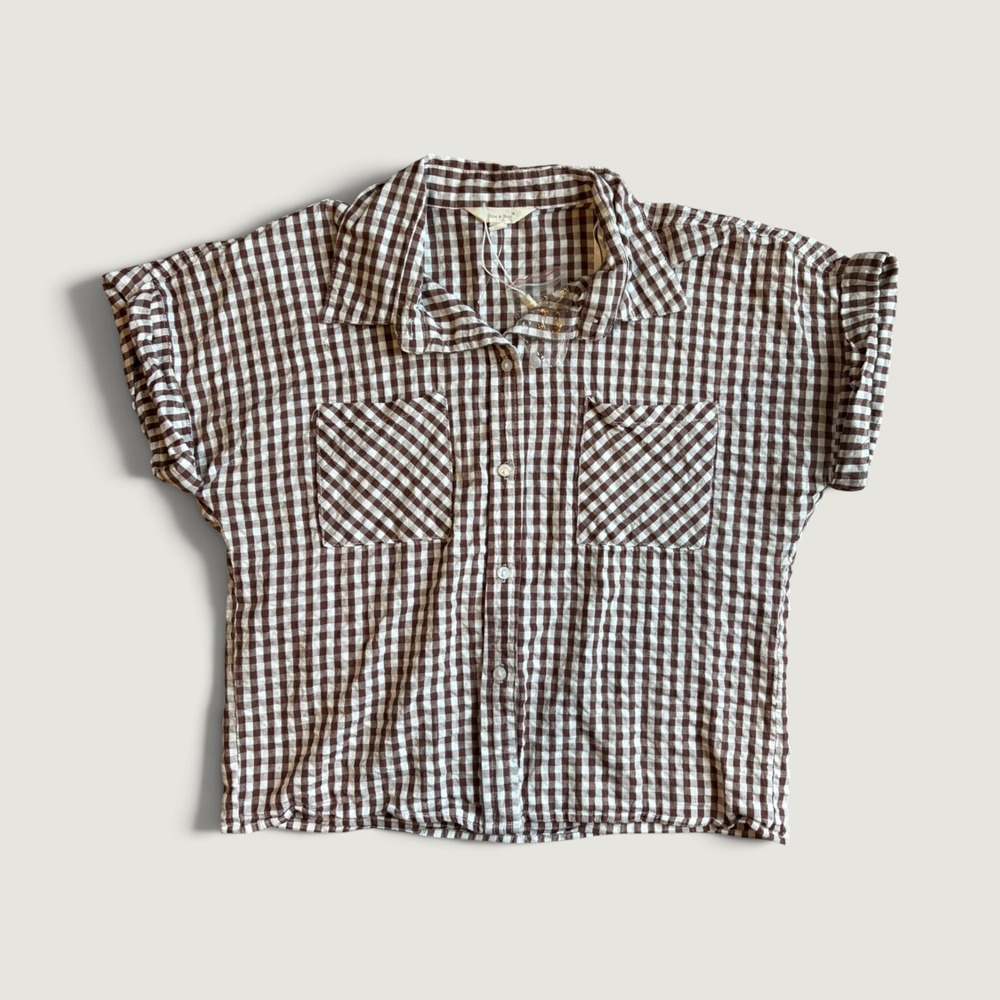NWT Cottagecore L Brown Gingham Plaid Button Front Short Sleeve Shirt Top Large